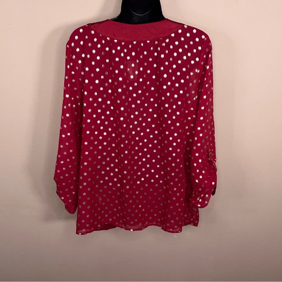 NEW 1X NY Collection Red Gold Polka Dot Blouse Peasant Roll Tab Sleeve Plus - Picture 3 of 15